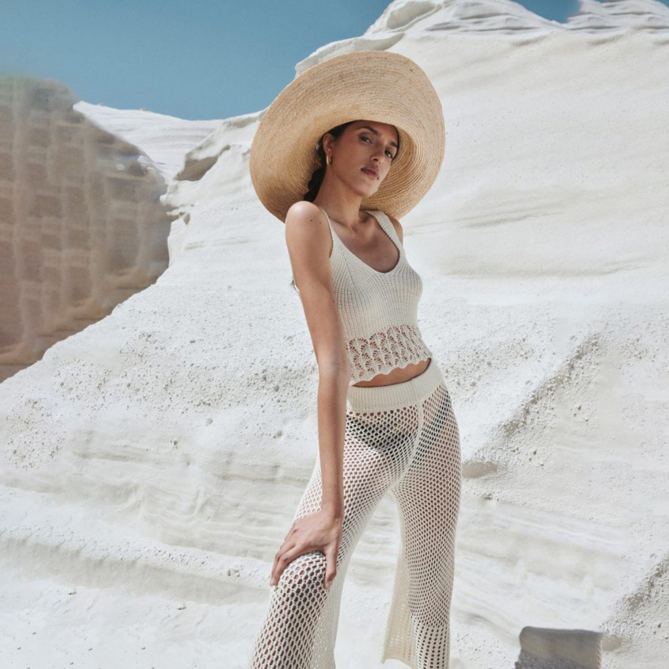 Sexy Hollow Out Cutout out See through Loose Sleeveless Beach Shirt Casual Vacation Trousers Sun Proof Set Bella Mia