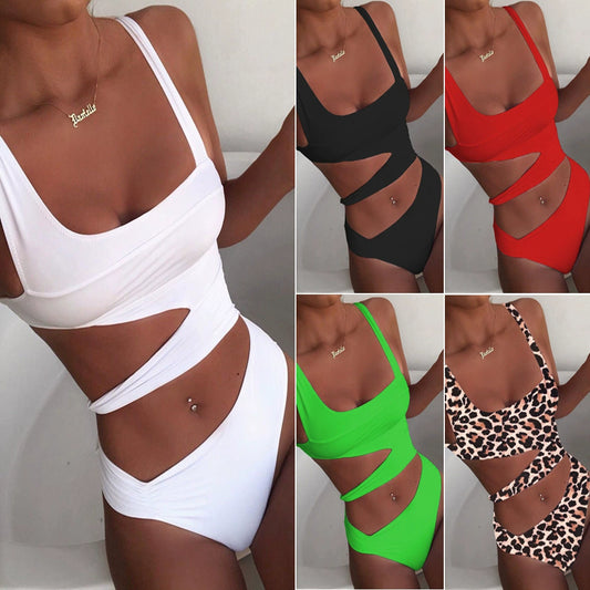 Triangle Nylon Chest Pad Summer Beach Swimsuit Solid Color Hollow-out Midriff Irregular Spaghetti-Strap Sexy One Piece Swimsuit