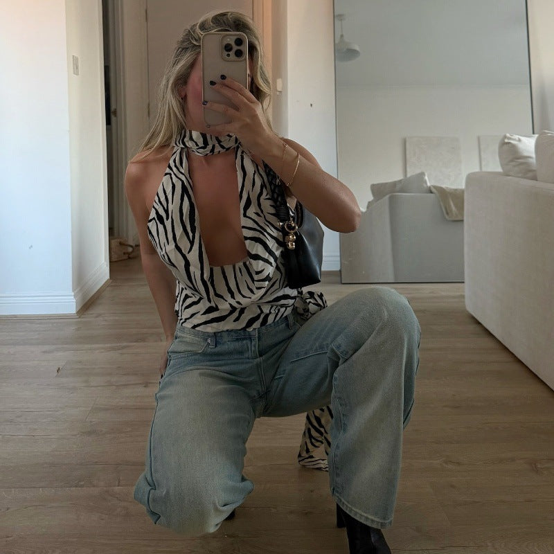 Women Clothing Summer Sexy Zebra Pattern Swing Collar Hollow Out Cutout out Short Vest Top Bella Mia