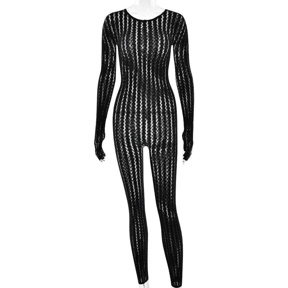 Sexy See through Summer Perspective Jumpsuit Seamless Striped Jacquard One Piece Long Sleeves One Piece Trousers Bella Mia