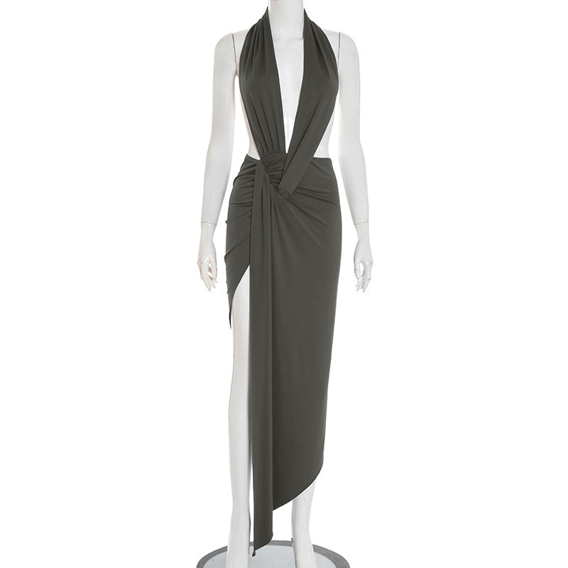 Women Sexy Slim Fit Halter Backless Sleeveless Pleated Elegant Maxi Dress Bella Mia