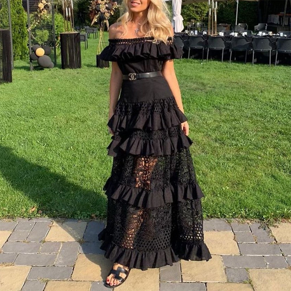 Summer Women Clothing off Shoulder Ruffled Hollow Out Cutout Wide Hem Lace Long Dress Bella Mia