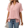 Summer Women V neck Short Sleeve Striped Loose Plaid Shirt Bella Mia