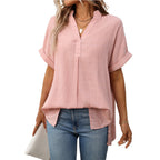 Summer Women V neck Short Sleeve Striped Loose Plaid Shirt Bella Mia
