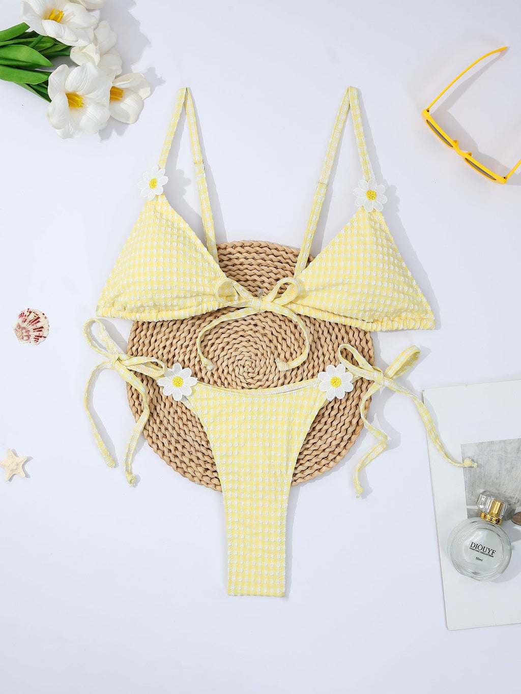 Fresh Yellow Plaid Daisy Split Bikini Swimsuit