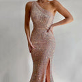 Women Clothing Pink Split Dress One Shoulder Sequ Dress Bella Mia