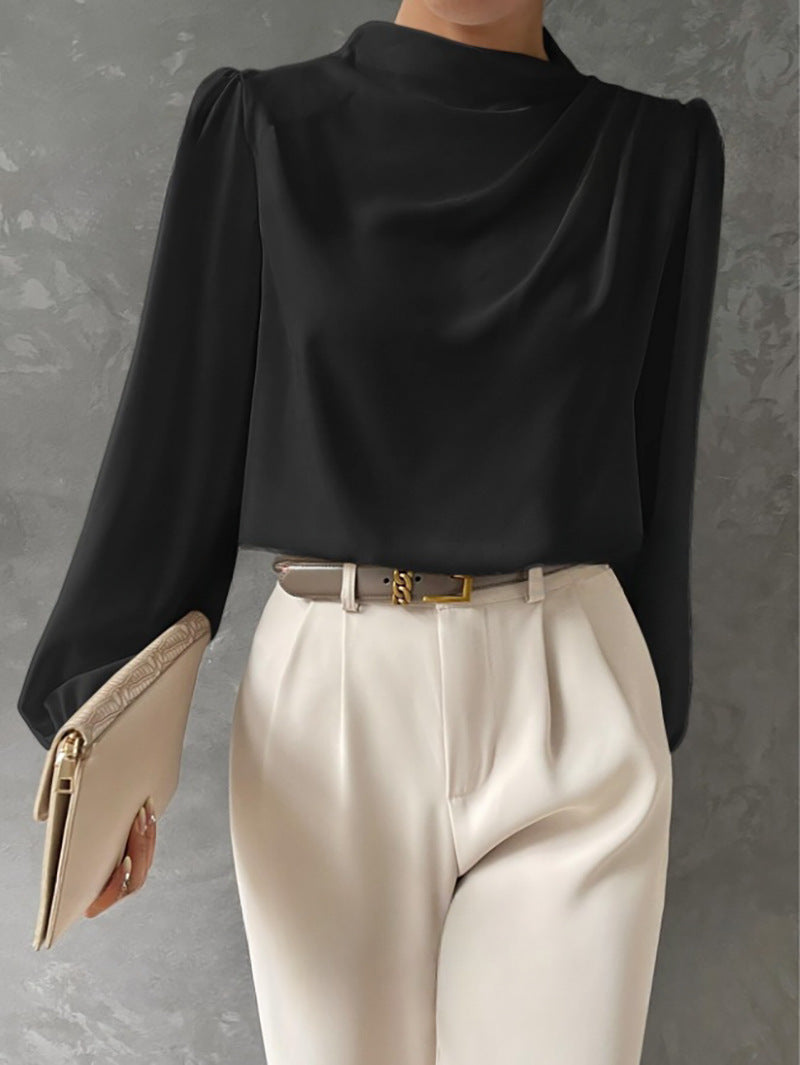Solid Color Pleated Women Shirt Elegant Pullover Satin Top Office Long Sleeve Top Bella Mia
