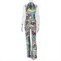 Women Printed Loose Comfortable Fitted Waist Jumpsuit Cross Halterneck Hollow Out Cutout Backless Sexy Jumpsuit Bella Mia