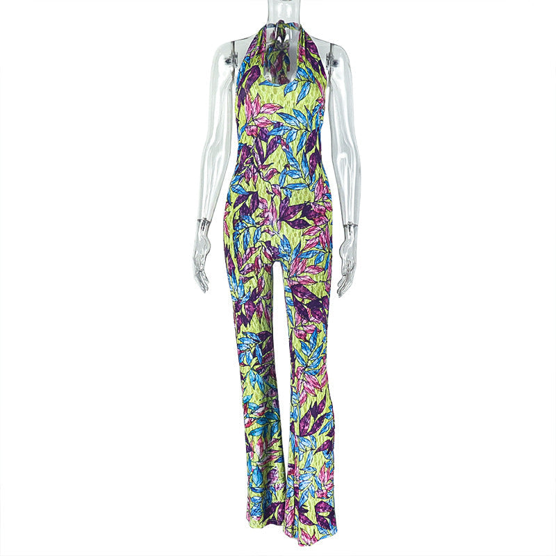 Women Printed Loose Comfortable Fitted Waist Jumpsuit Cross Halterneck Hollow Out Cutout Backless Sexy Jumpsuit Bella Mia