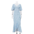 Design Irregular Asymmetric Slit Hemline at Hem Printed Dress Women Summer V neck Short Sleeve High Waist Dress