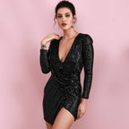 Spring Women Clothing Dress V neck Long Sleeve Irregular Asymmetric Fashionable Sequ Bella Mia