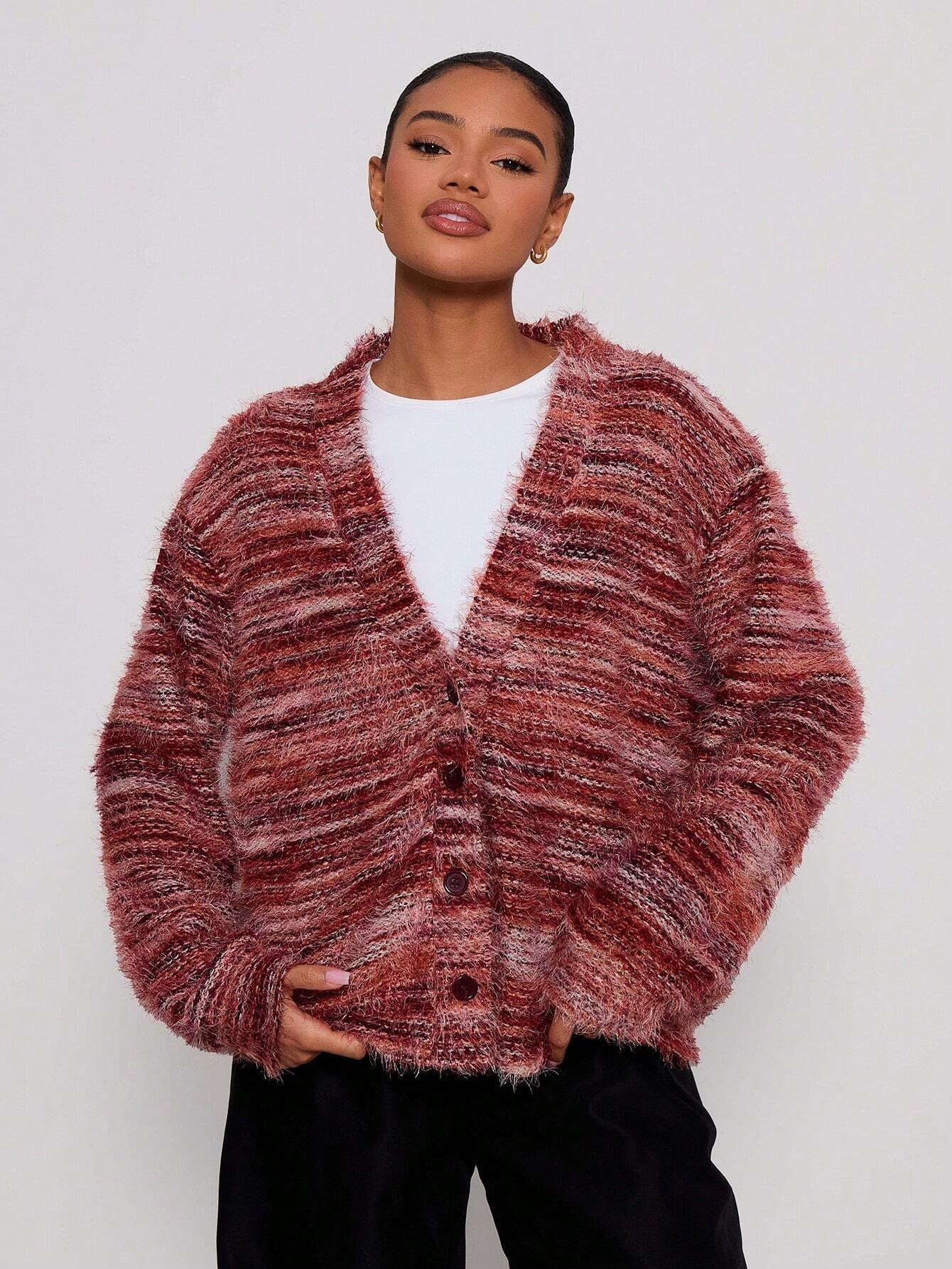 Retro Deep V Plunge neck Design Maillard Plush Long Sleeve Cardigan Bella Mia