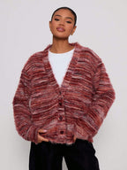 Retro Deep V Plunge neck Design Maillard Plush Long Sleeve Cardigan Bella Mia