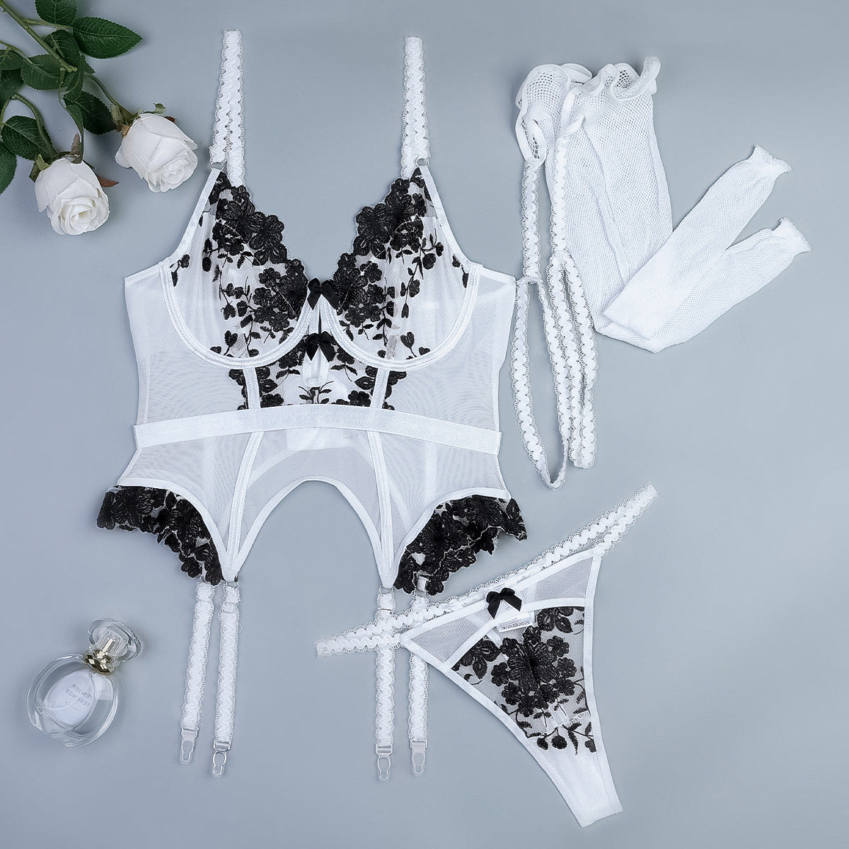 Long Mesh Socks with Legs Exquisite Embroidered Floral Black White Stitching Cute Waist Strap Sexy Lingerie Three Piece Set Bella Mia