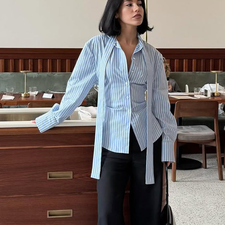Women Clothing Striped Collared Shirt Women Waist Controlled Long Sleeves Lace up Cardigan Shirt Top Bella Mia
