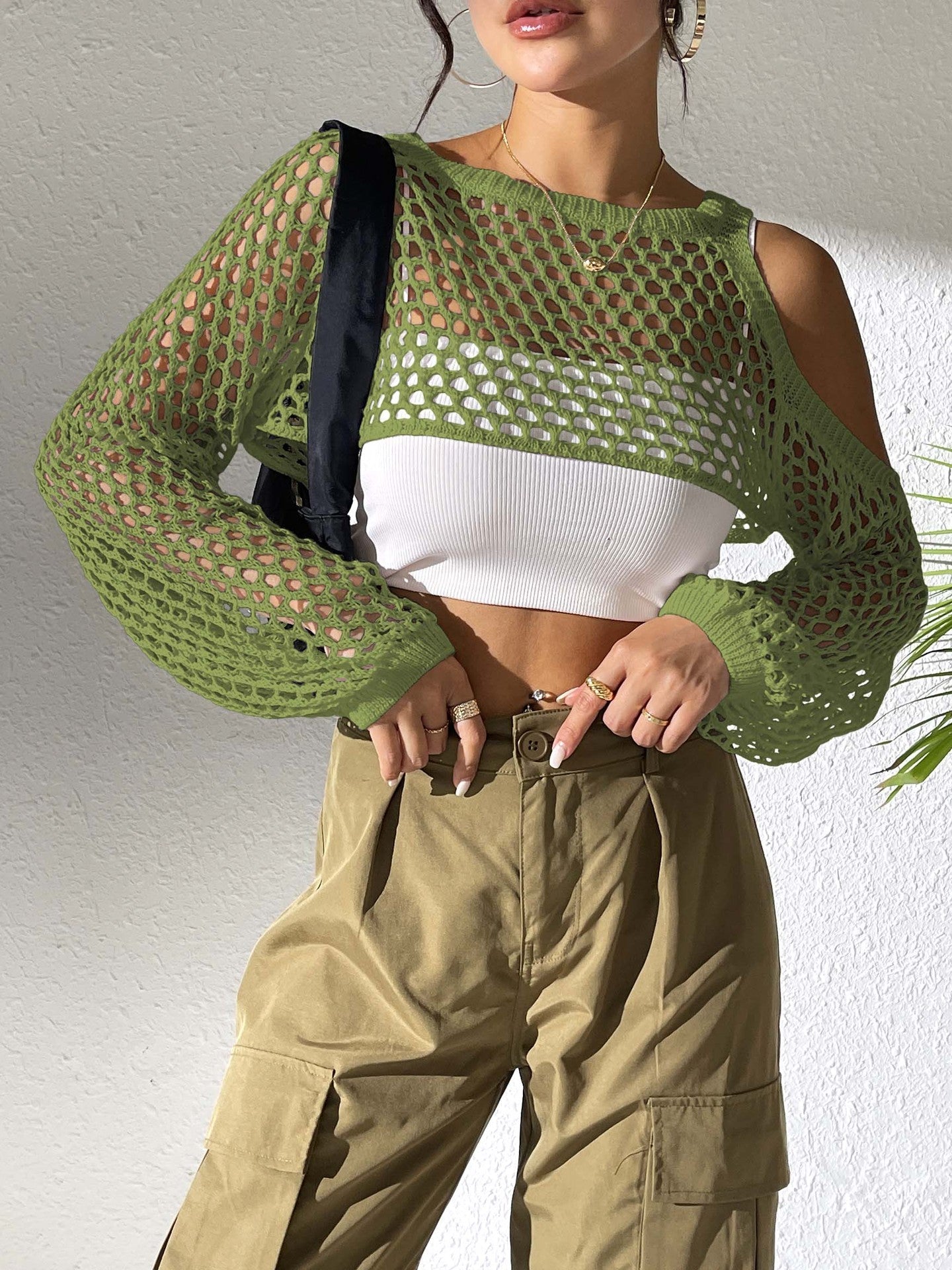 Women Clothing Sexy Cropped Hollow Out Cutout out Woolen Blouse Casual Fashionable Outerwear Bella Mia