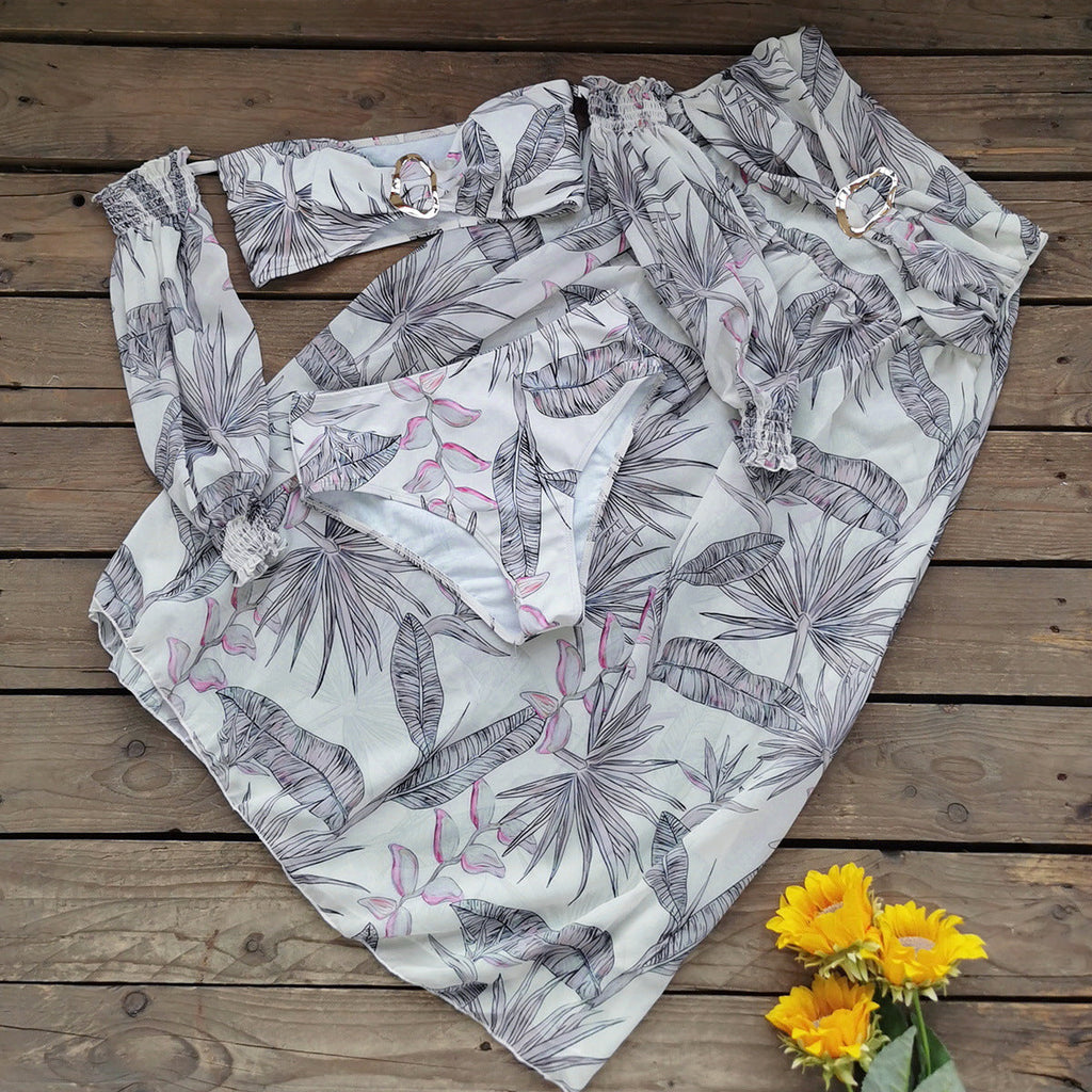 Retro Printed Mesh Long Sleeve Tube Top High Waist Bikini Split Swimsuit Women Skirt Three Piece Sets Bella Mia