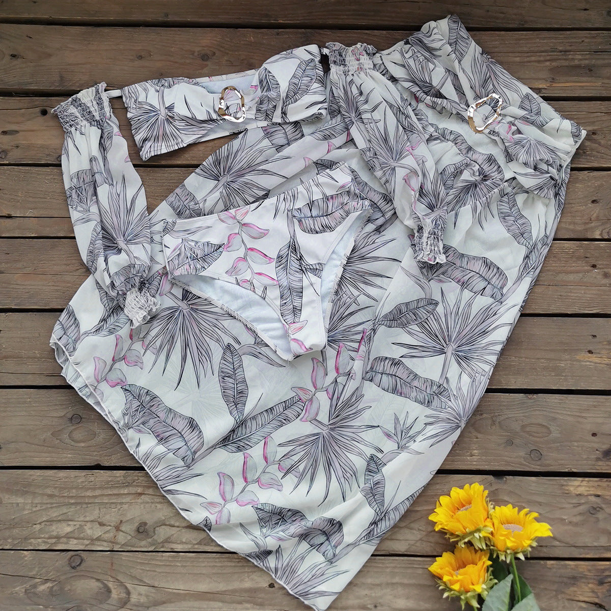 Retro Printed Mesh Long Sleeve Tube Top High Waist Bikini Split Swimsuit Women Skirt Three Piece Sets Bella Mia
