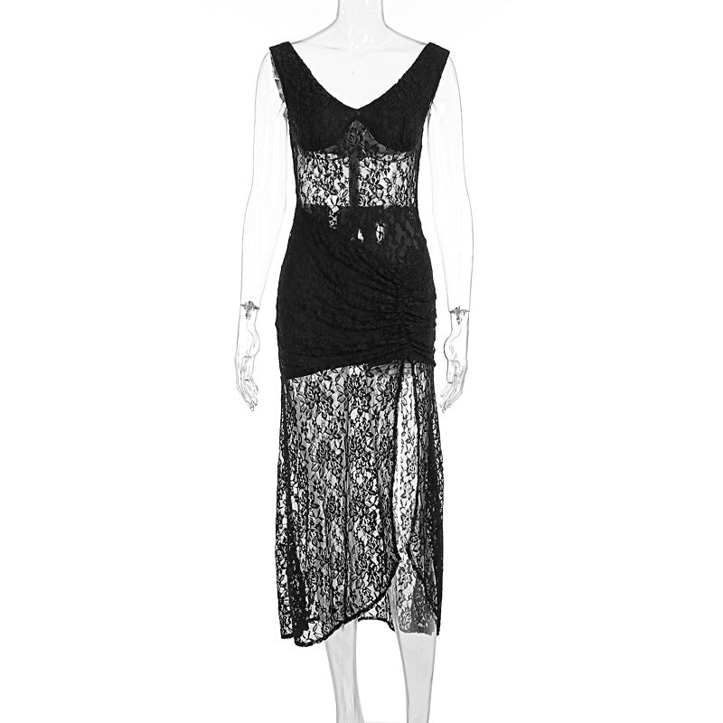 Summer Sexy Lace Hollow Out Cutout out Stitching Spaghetti Straps Slimming Split Dress Bella Mia