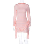 Solid Color Long Sleeve round Neck Slim Fitting Patchwork Ribbon All Match Floral Dress Bella Mia