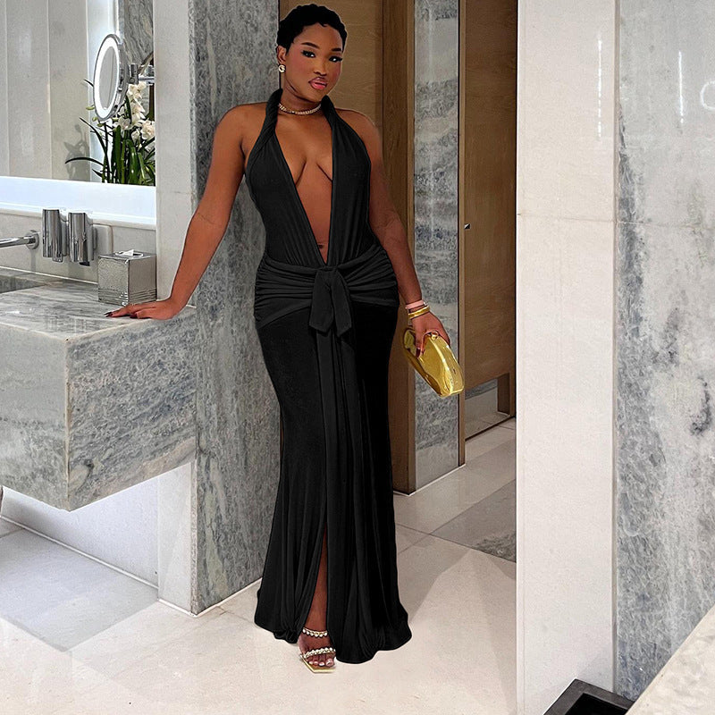 Women Autumn Winter Women Sexy Backless Halter Deep V Plunge neck Solid Color Split Dress Women Bella Mia