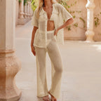 Beach Loose Short Sleeve Shirt Casual Trousers Hollow Out Cutout out See through Sexy Vacation Sun Protective Blouse Two Piece Sets Bella Mia