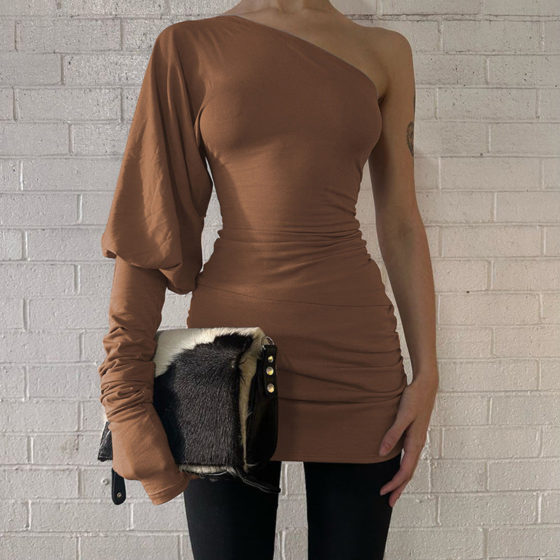 Women Clothing Winter Personality Slim Fit Diagonal Collar Shoulder Bag Hip Dress Bella Mia