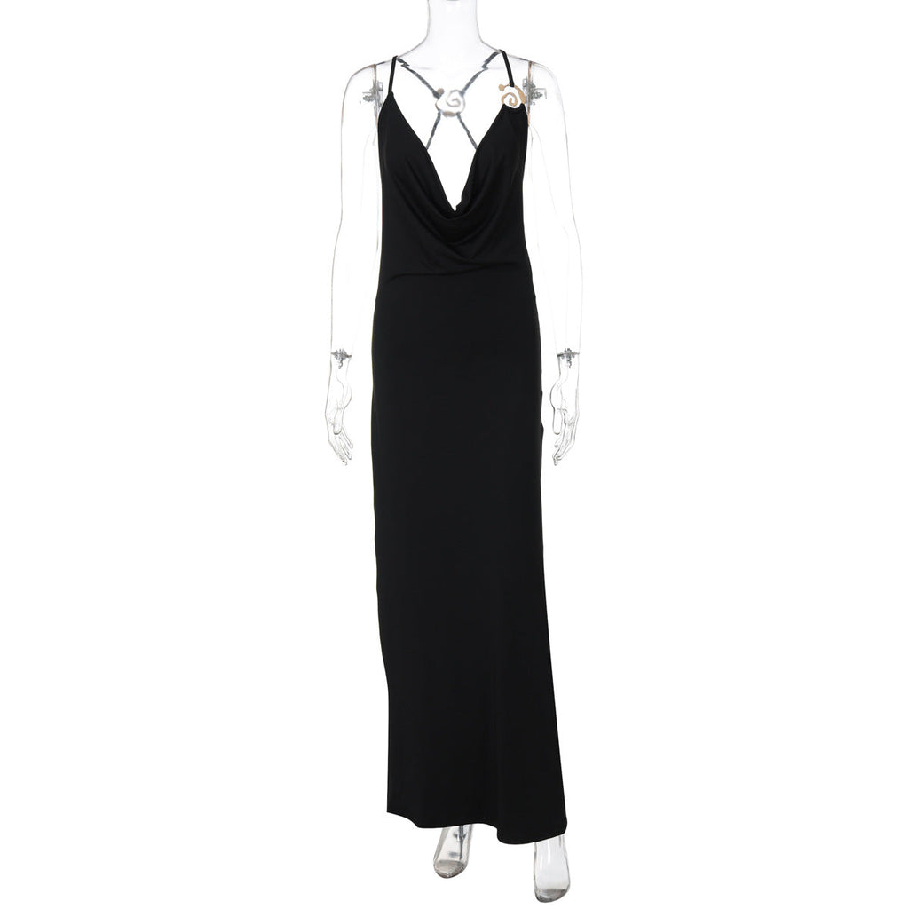 Summer Sexy Deep V Plunge neck Strap Backless Maxi Dress Solid Color Slim Fit Dress