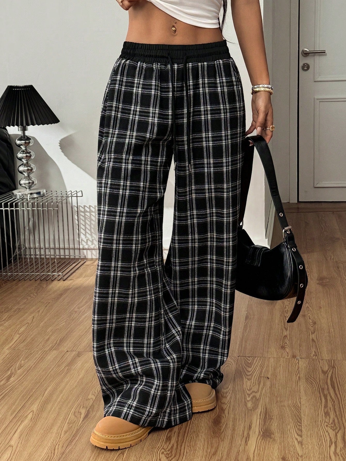 Loose Lazy Straight Plaid Stitching High Waist Drooping Casual Sports Pants