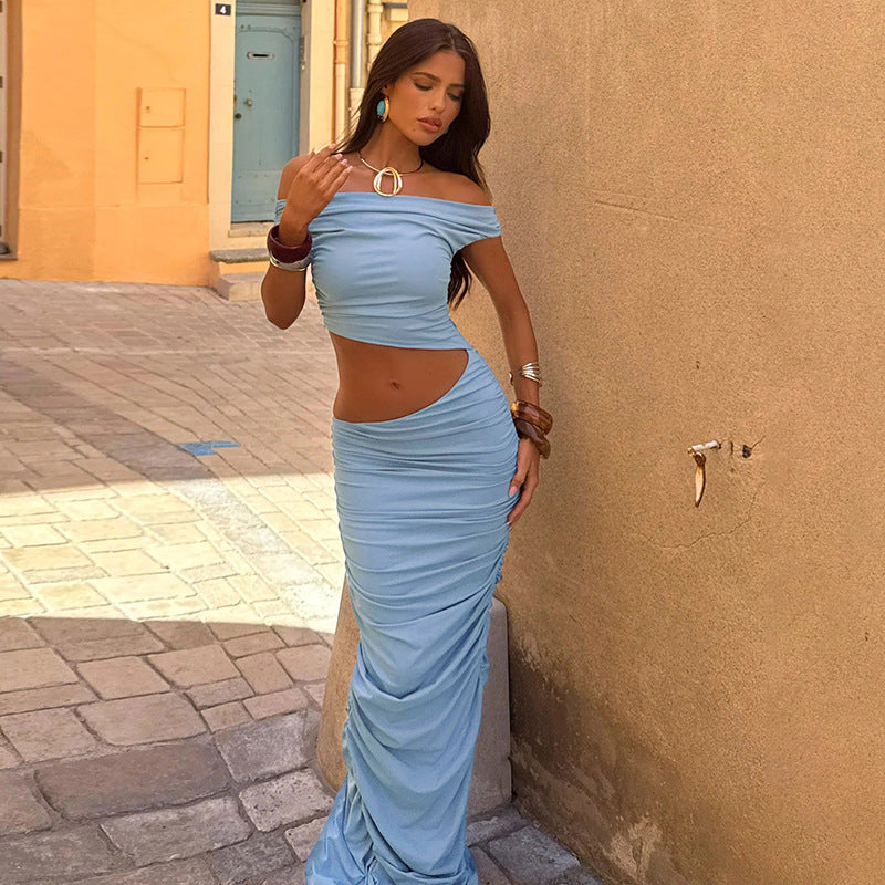 Spring Summer Women Clothing Solid Color Sexy Oblique Shoulder Bare Cropped Slim Fit Hip Bag Fold Split Dress Bella Mia