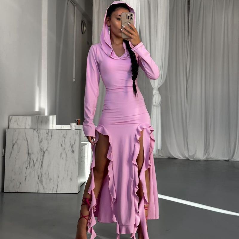 Summer Popular Trend Ruffled Stitching Long Sleeve Hooded Irregular Asymmetric Dress Bella Mia