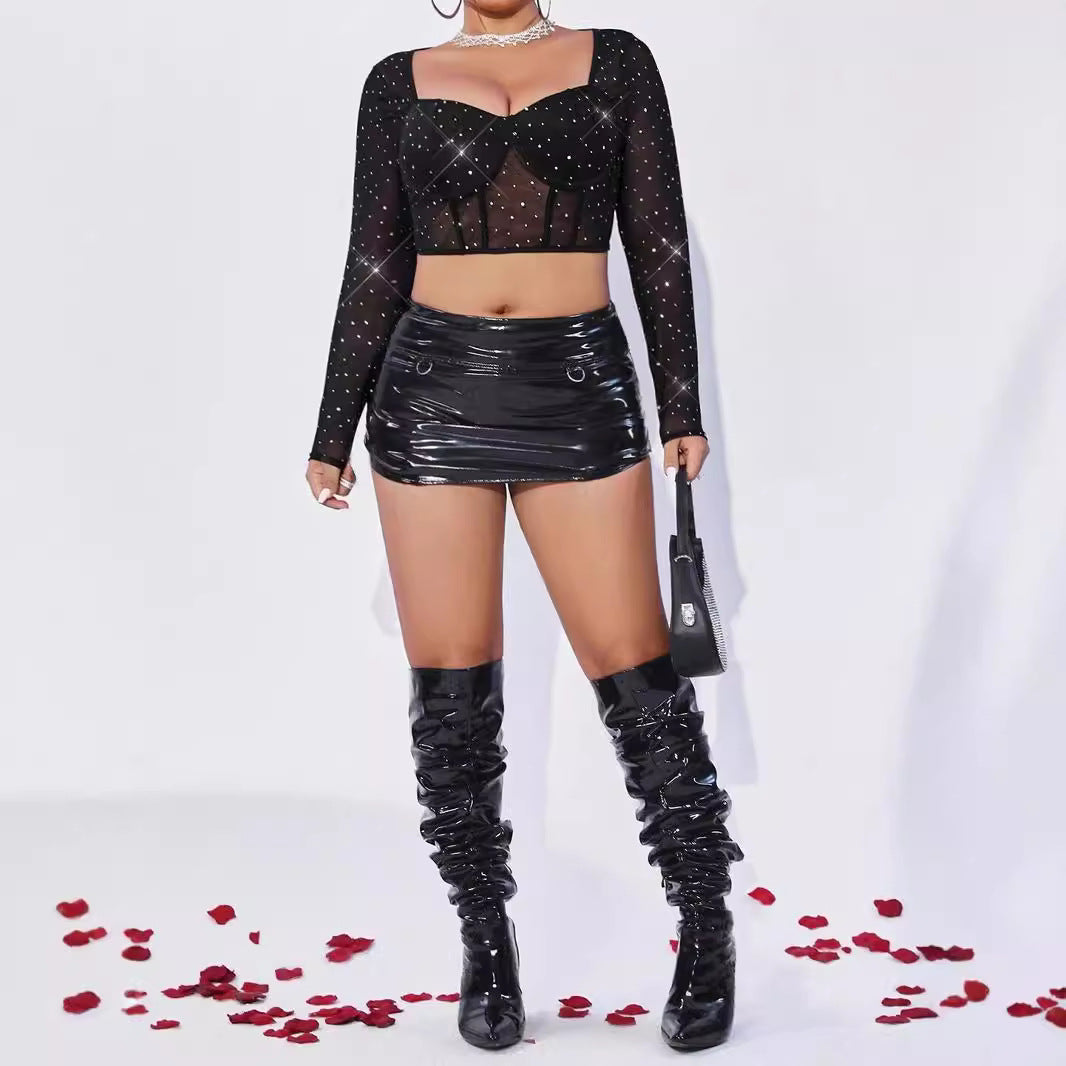 Sexy See Through Dress Nightclub Steel Ring Boning Corset Mesh Sequined Square Collar Sexy Long Sleeve Top Bella Mia