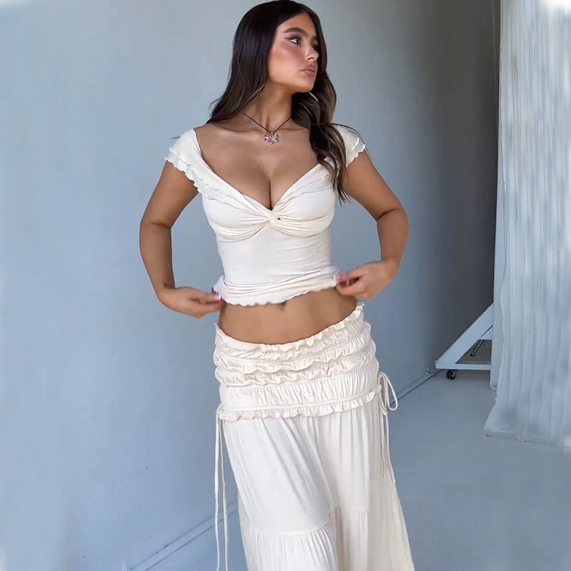Summer Women Sexy Cropped Low Cut Short Vest French Pleated Skirt Set Women Bella Mia