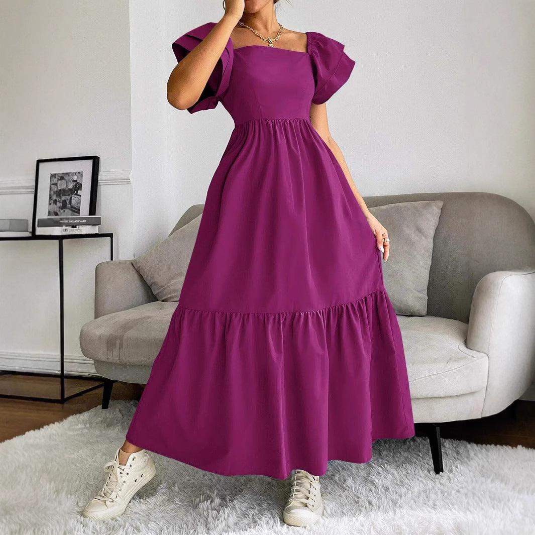 Women Clothing Ruffled A line Dress off Neck Flying Sleeves Solid Color Long Dress