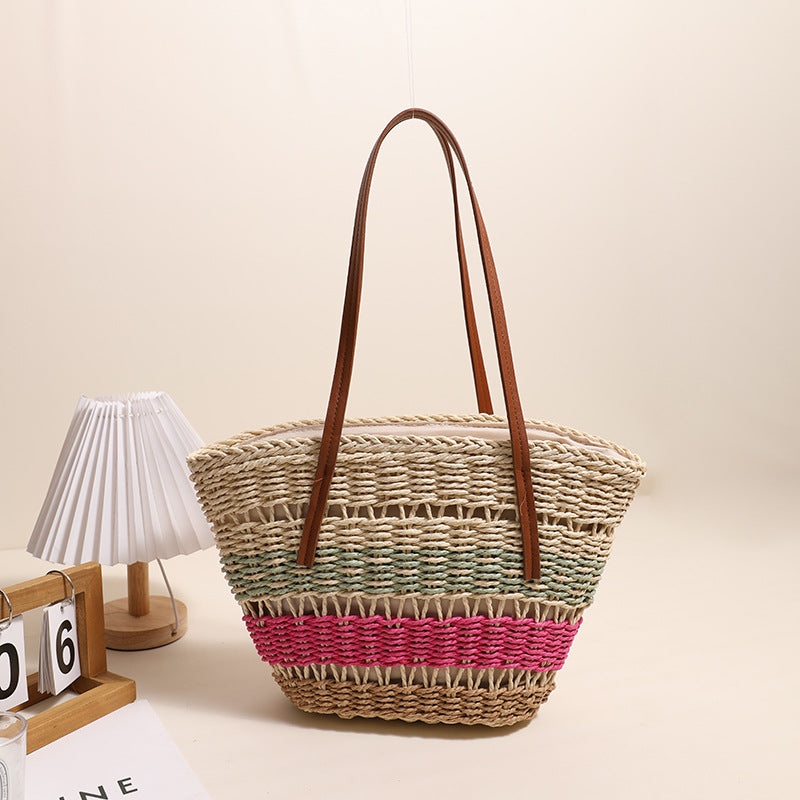 Colorful Striped Shoulder Straw Bag Large Capacity Straw Bag Woven Bag Rattan Women Bag Portable Vegetable Basket Bella Mia