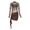 Arrival Autumn Winter Women Sexy Mesh Hollow Out Cutout Pleated round Neck Slim Fit Long Sleeved Dress Bella Mia