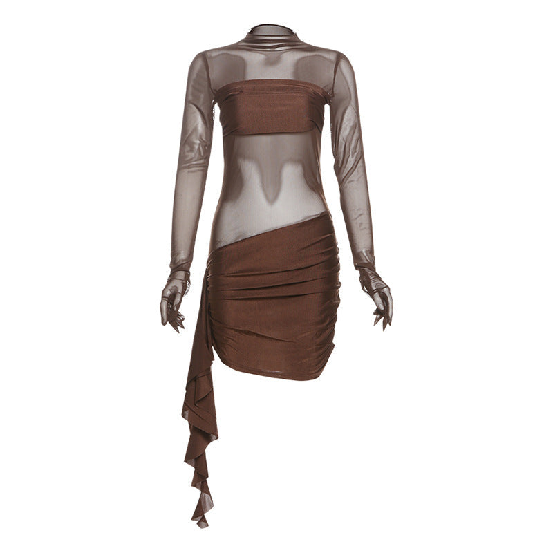 Arrival Autumn Winter Women Sexy Mesh Hollow Out Cutout Pleated round Neck Slim Fit Long Sleeved Dress Bella Mia