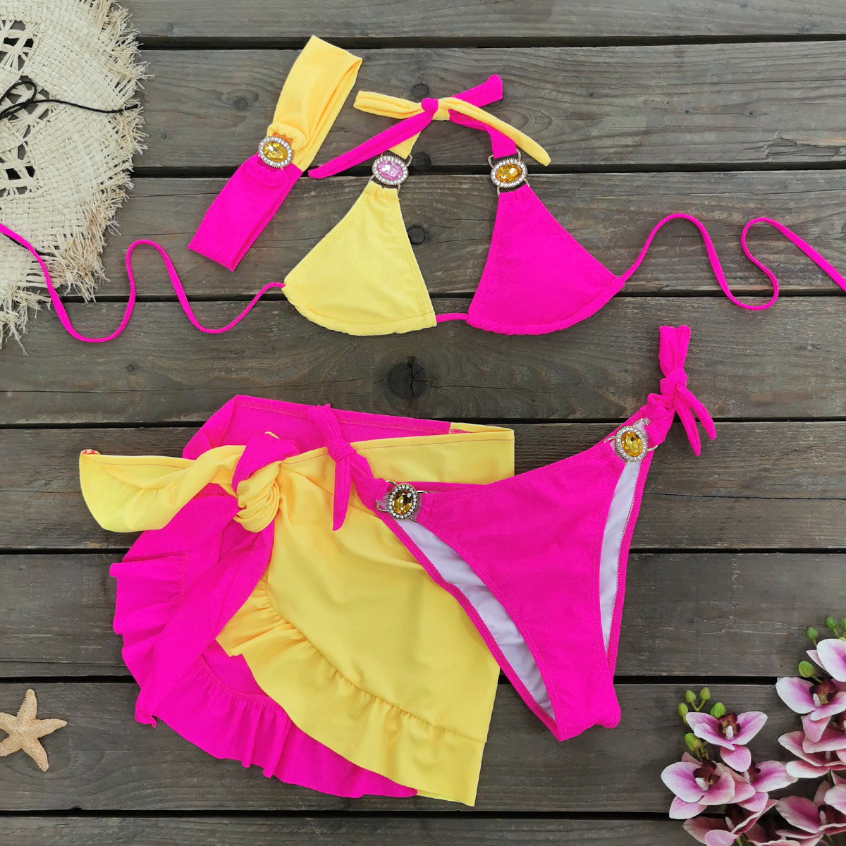Solid Color Stitching Three Point Bikini Skirt Three Piece Suit Split Swimsuit Women Bella Mia