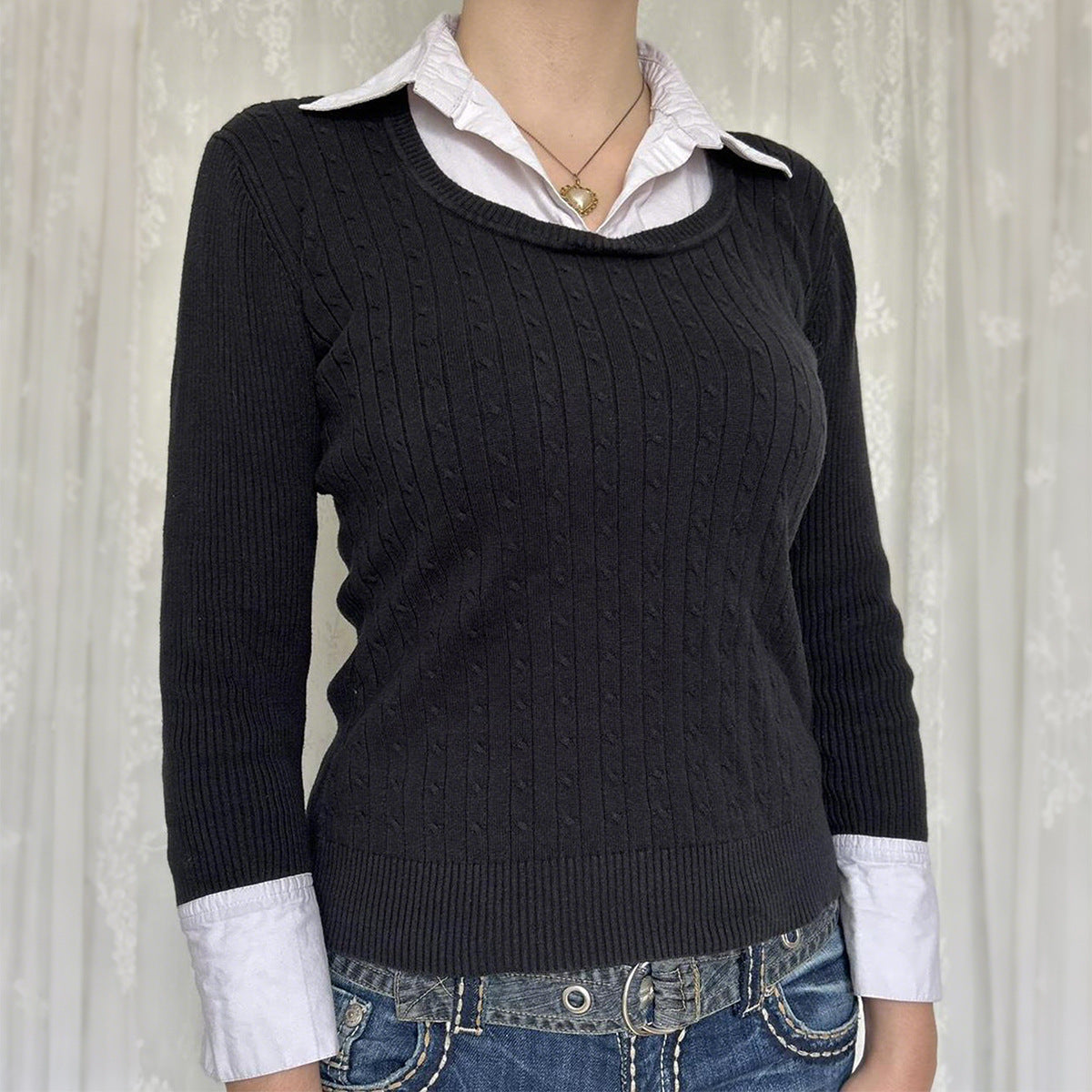 Sexy Faux Two Piece Long Sleeved Sweater Woolen Women Clothing Autumn Bella Mia