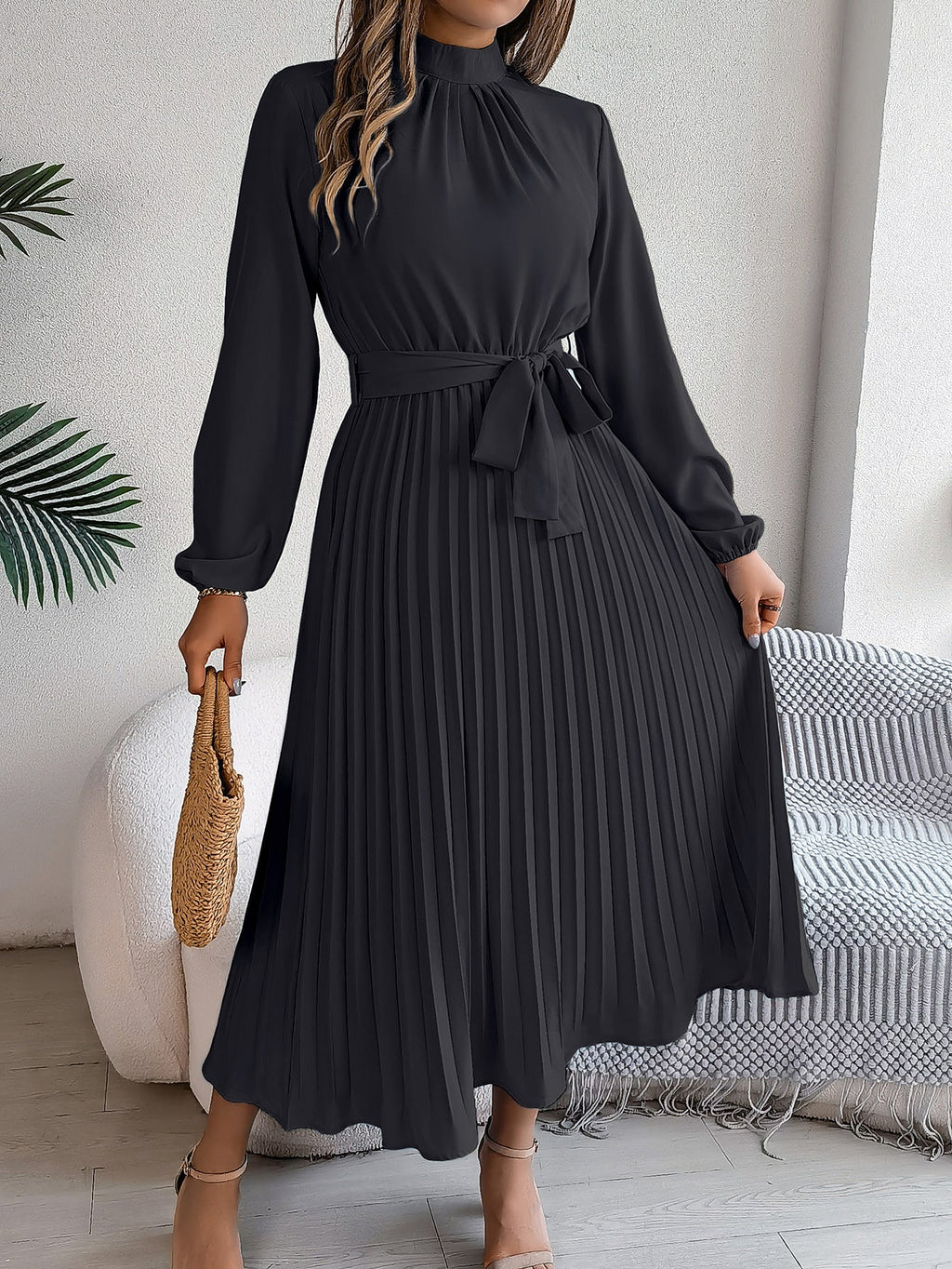 Autumn Winter Elegant Stand Collar Long Sleeve Cinched Pleated Maxi Dress Small Dress Women Clothing Bella Mia