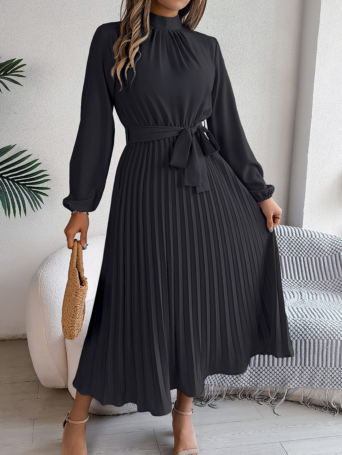 Autumn Winter Elegant Stand Collar Long Sleeve Cinched Pleated Maxi Dress Small Dress Women Clothing Bella Mia