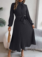 Autumn Winter Elegant Stand Collar Long Sleeve Cinched Pleated Maxi Dress Small Dress Women Clothing Bella Mia