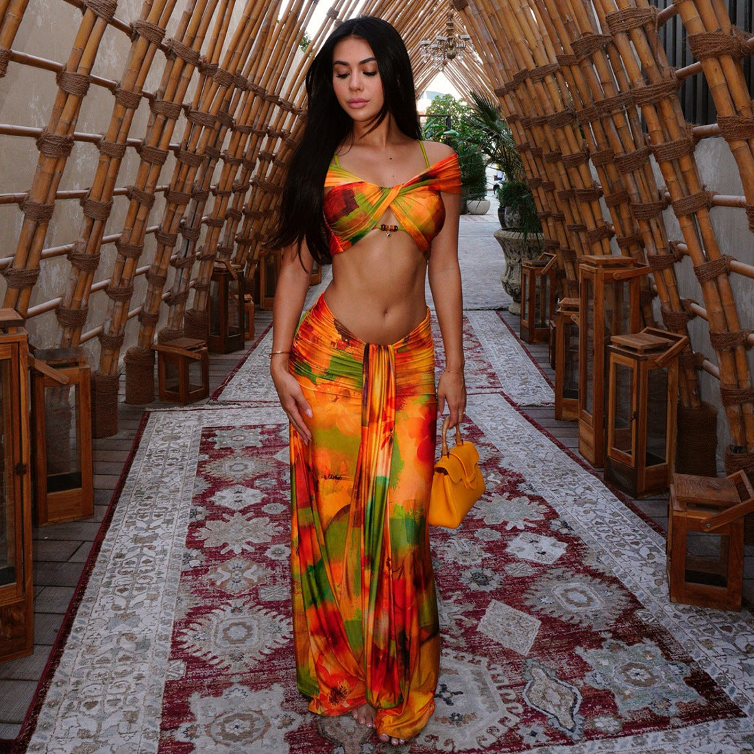 Women Spring Clothing Pattern Print Sexy Drop Shoulder Hollow Out Cutout Low Waist Cropped Skirt Set Bella Mia