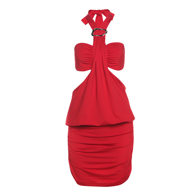 Women Clothing Summer Sexy Elegant Halter Lace up Backless Slim Fit Sheath Pleated Dress Women Bella Mia