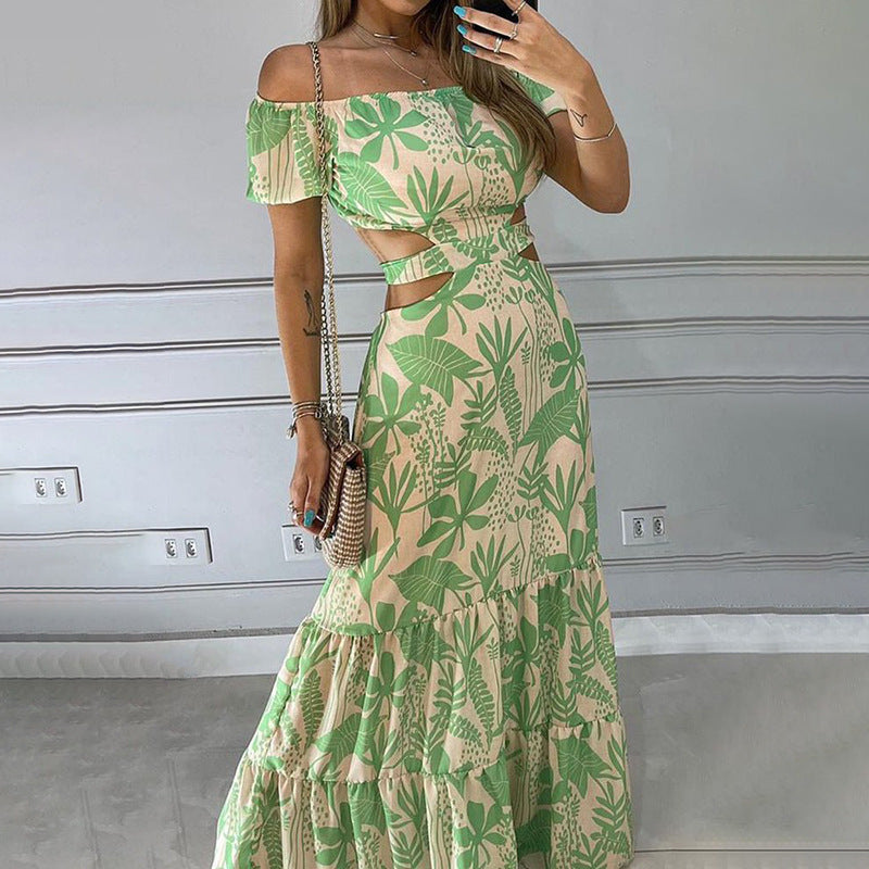 Summer Women Clothing Printed Elegant off Shoulder High Waist Hollow Out Cutout out Ruffled Dress for Women Bella Mia