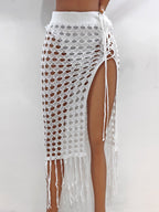 Women Clothing Sexy Cutout Woven Lace up Tassel Dress Split Beach Skirt Bella Mia
