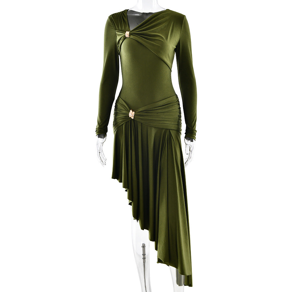 Autumn Winter Graceful Fashionable Women Slim Dress Sexy Pleated Irregular Asymmetric Maxi Dress Bella Mia