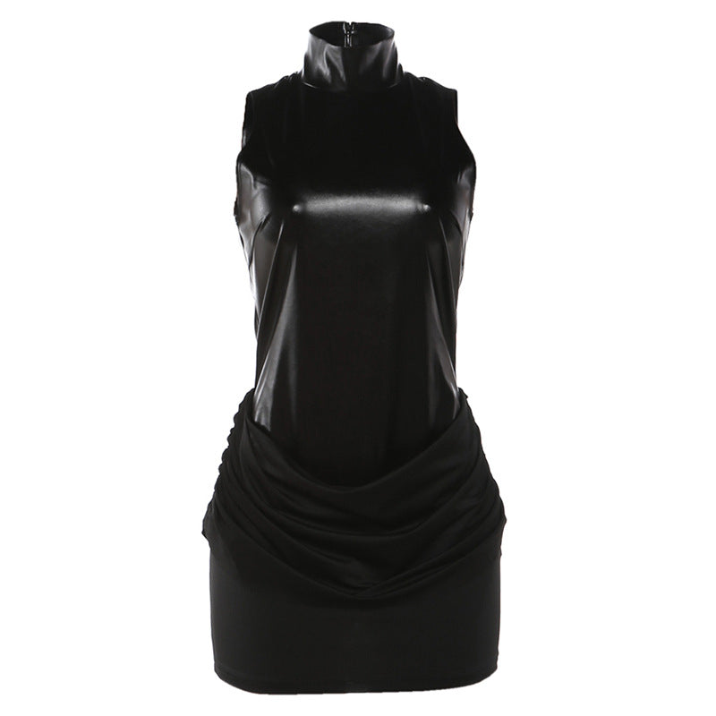 Spring Women Sexy Faux Leather Stitching Ruffle Slim Turtleneck Dress Bella Mia