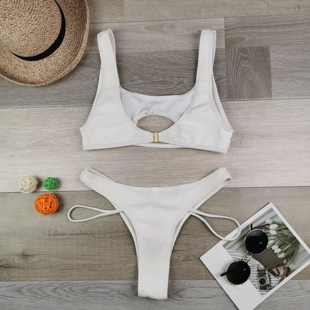 Solid Color Split Hollow Out Cutout Snake Fabric Swimsuit Women Sexy Halter Bikini Bella Mia