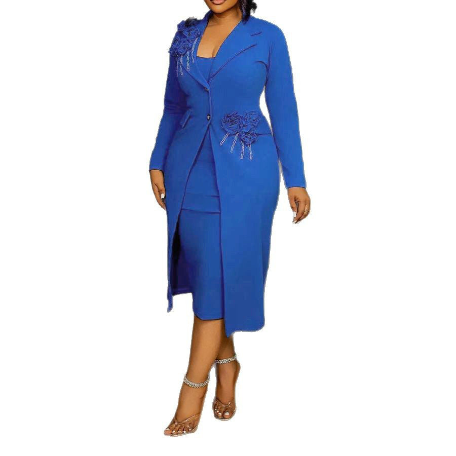 Women Elegant Stretch Slim Fit Floral Pearl Rhinestone Sheath Blazer plus Inner Suspender Two Bella Mia